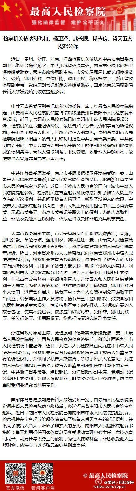 保山检察机关依法对仇和杨卫泽武长顺斯鑫良肖天五案提起公诉